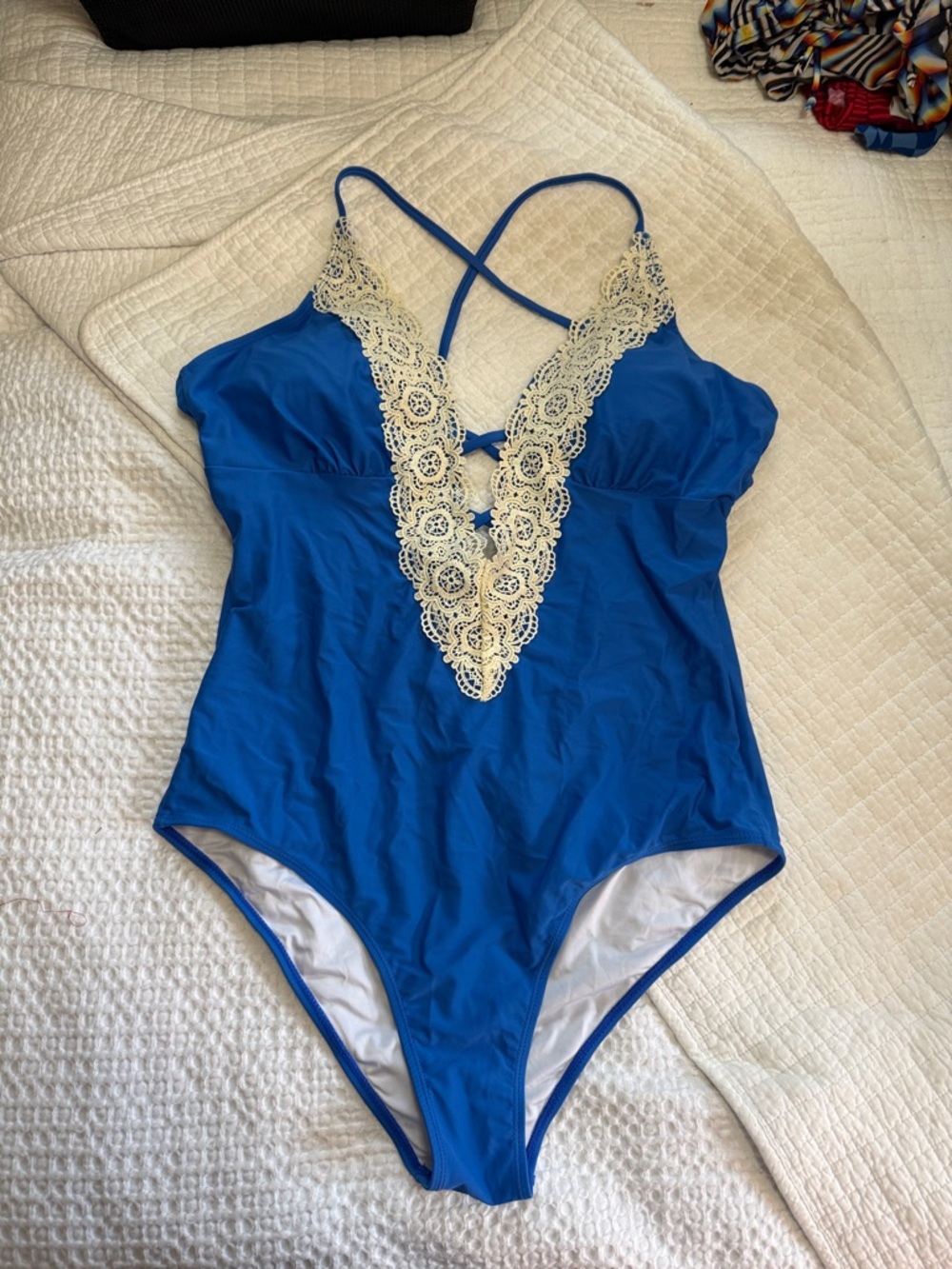 Cupshe Royal Blue One-Piece Swimsuit with Cream Lace Trim
